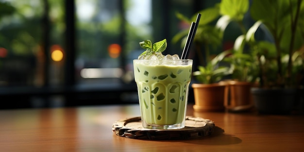 Iced Matcha With Iced Cubes Cold Green Tea With Milk In Tall Glass Healthy Organic Beverage