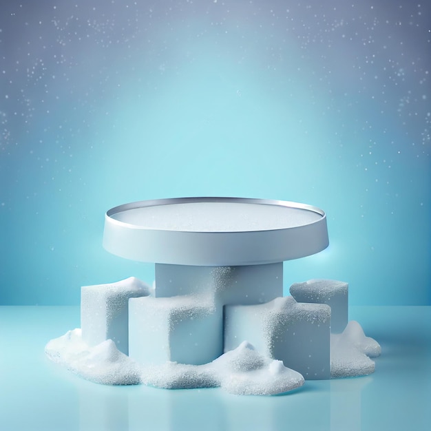 Iced podium or platform for product presentation display with snowy scene Generative AI