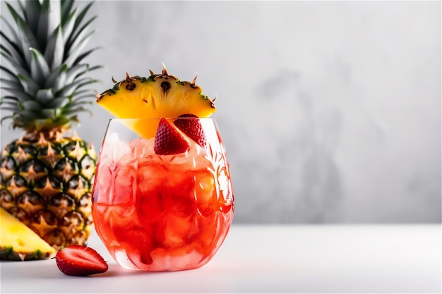 Iced and refreshing cocktail with pineapple on background with pineapple slice on a glass