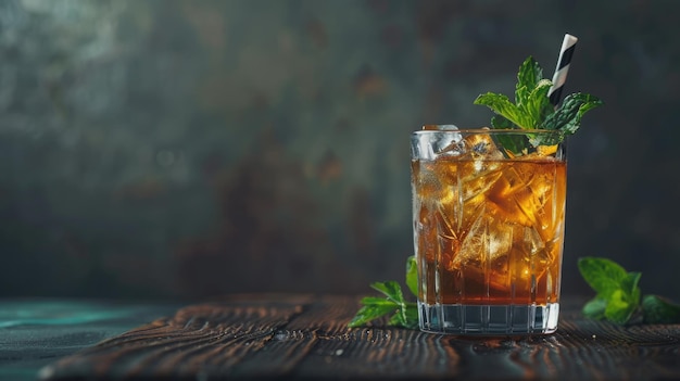 Iced tea in glass with mint on wooden surface