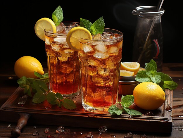 iced tea in a glass with a straw on a wooden board with a splash of water