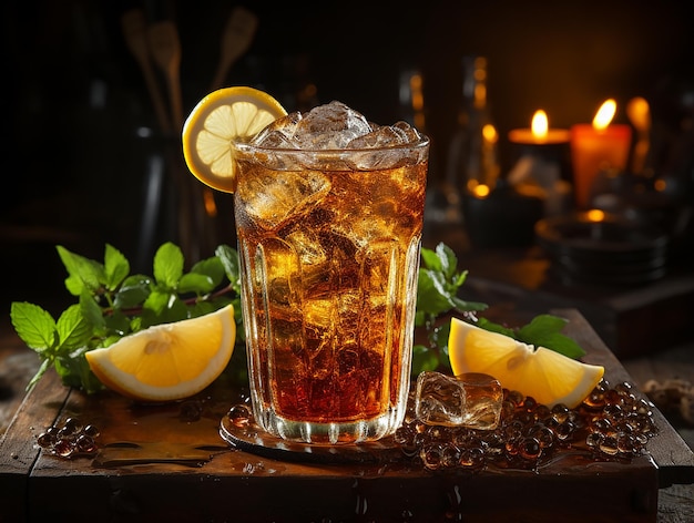 iced tea in a glass with a straw on a wooden board with a splash of water