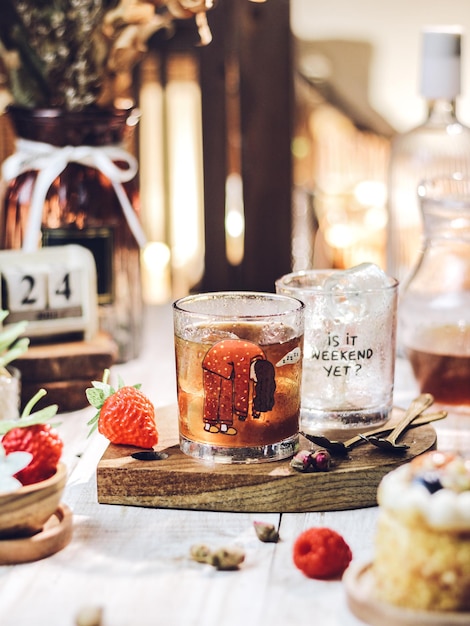 Iced tea in transparant glass on the table