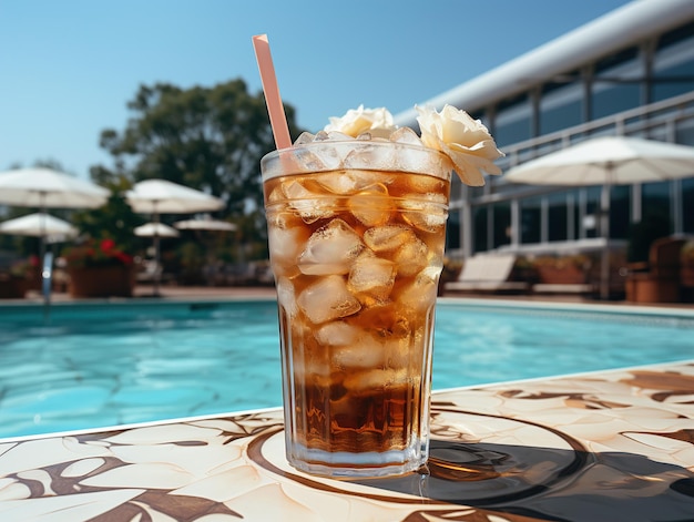 iced tea with ice on the background of the pool Generative AI