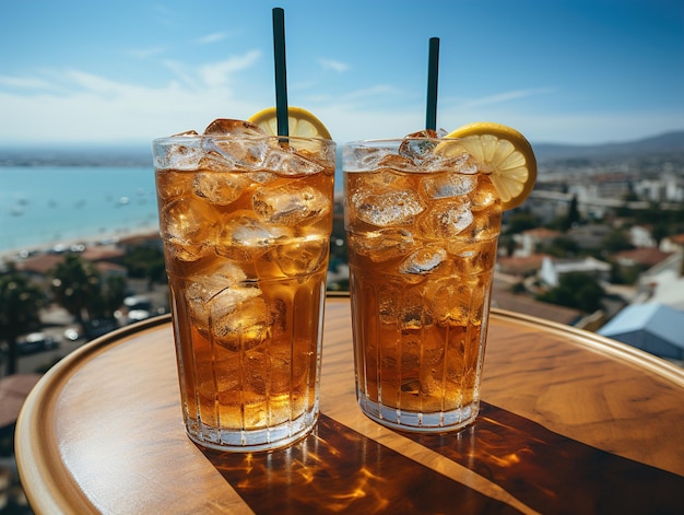 iced tea with ice on the background of the pool Generative AI