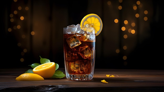 iced tea with lemon and mint on dark background