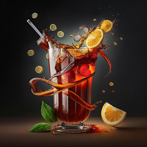 Iced tea with lemon and mint splash Generative AI