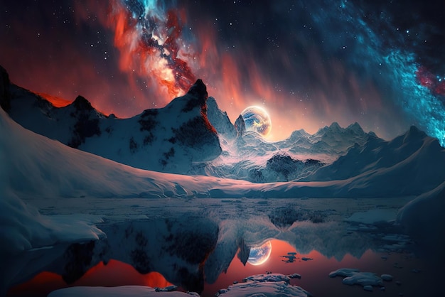 Icelake in a Fantasy Colorful Night Covered in Snow