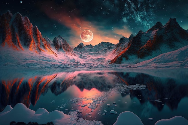 Icelake in a Fantasy Colorful Night Covered in Snow