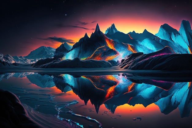 Icelake in a Fantasy Colorful Night Covered in Snow