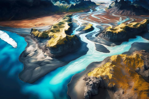 Iceland aerial river flowing between desert rocky shores