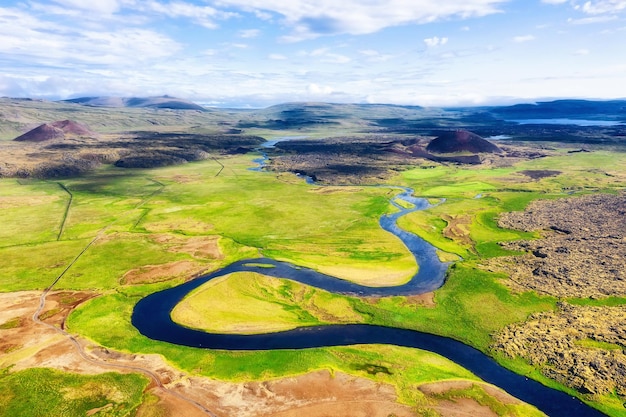 Iceland Aerial view on the mountain field and river Landscape in the Iceland at the day time Landscape from drone Travel image