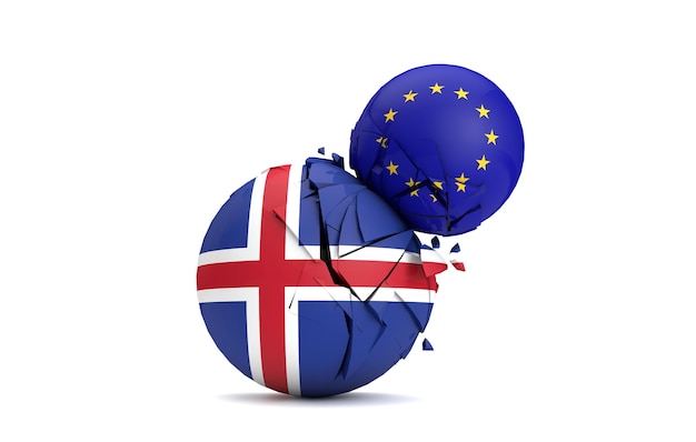 ICeland and European Union political balls smash together 3D Render