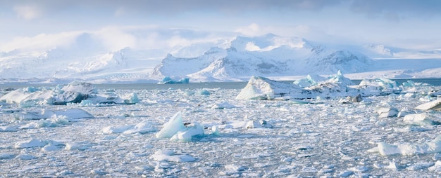 Iceland Ice as a background Vatnajokull National Park Panoramic view of the ice lagoon Winter landscapes in Iceland Natural background North country