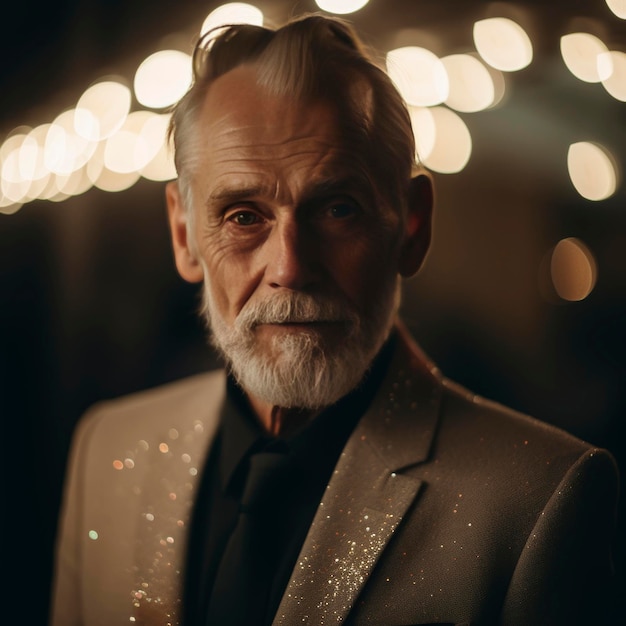 Icelandic elderly man with facial hair and crew cut in formal outfit under fairy lights at night