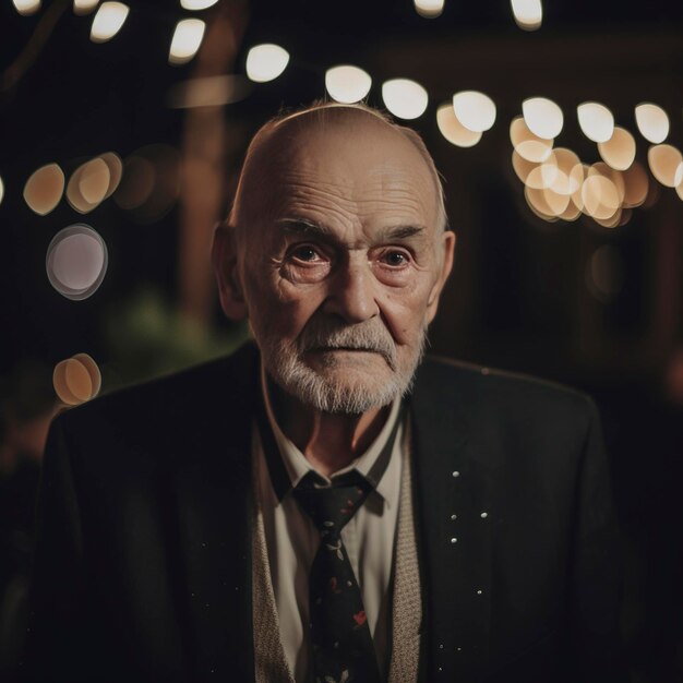 Icelandic elderly man with facial hair in formal outfit under fairy lights at night minimalist look