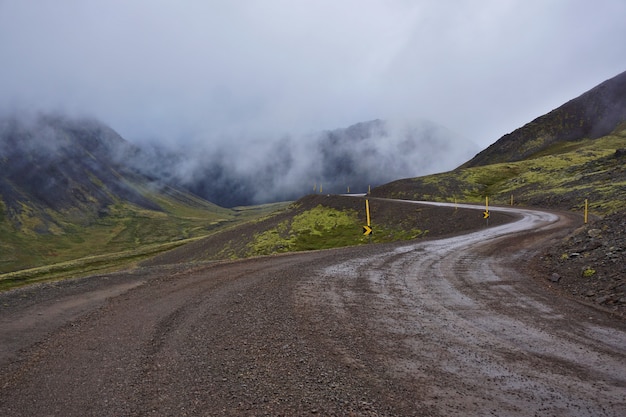 Icelandic gravel road in typical icelandic misty weather.