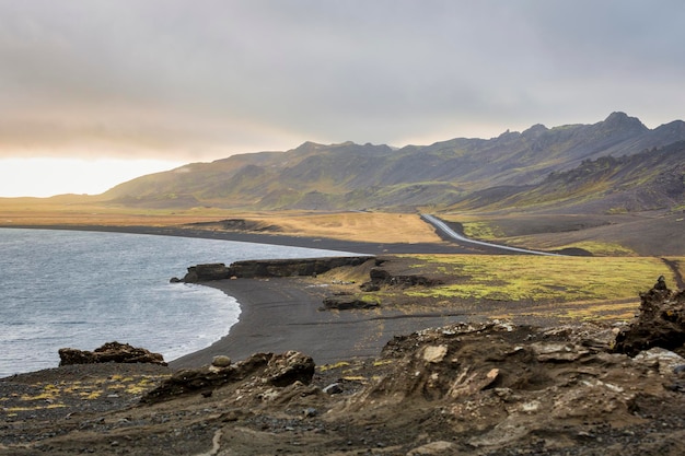 Icelandic landscape with road in the background