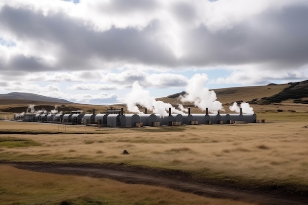 Icelandic steppe landscape with smoke from the chimneys of a factory The geothermal energy making industry producing AI Generated