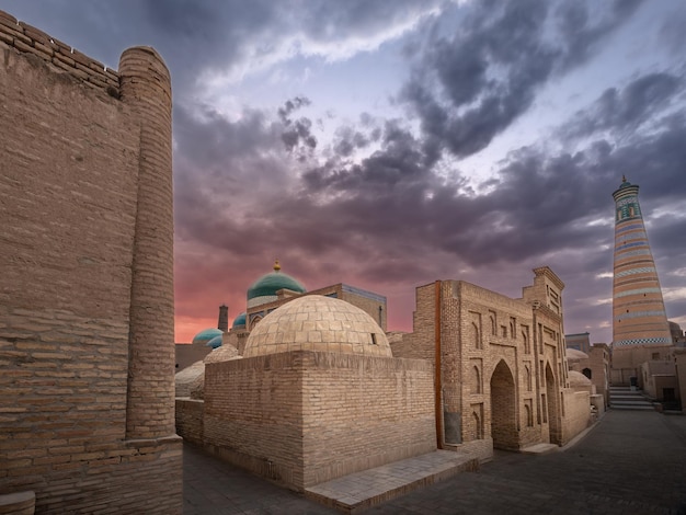 Ichan Kala old city with Pahlavan Mahmoud Mausoleum and Islam Khoja Minaret Khiva Uzbekistan