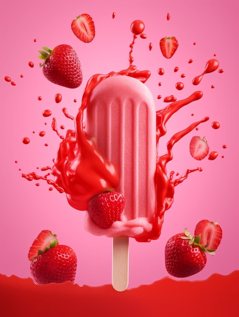 Icicle with splashing syrup on pink background with floating strawberries