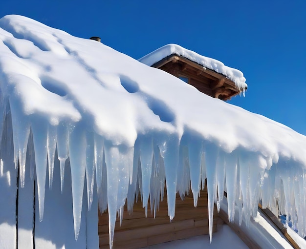 Icicles hanging from the roof of a wooden house in winter