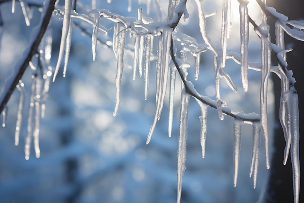 Icicles hanging from tree branches against a snowy forest backdrop Generative AI