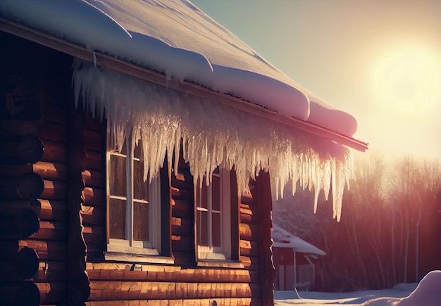 Icicles on the roof of a private house in winter