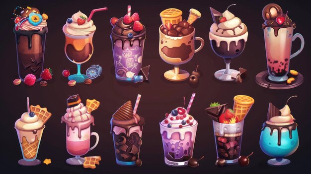 Photo icon for coffee cup and cappuccino drink set icon for waffle dessert and cocoa beverage with straw for bakery or restaurant ui