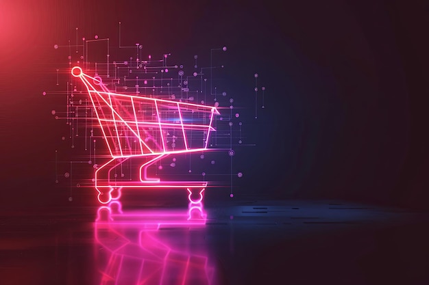 Photo icon of ecommerce fused with blockchain technology in red and pink color spectrum on a blank