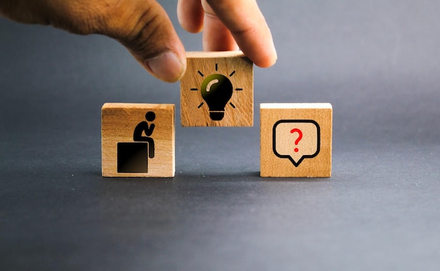 icon of a person who is stuck and a question with an idea or solution icon in the middle