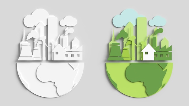 Icon to save the earth and ecology in a flat style Landscape of the city cut out of paper 3d render