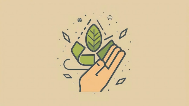 Icon showing hand holding green leaf with recycling symbol in background clean line style emphasizing recycling and nature connection Icon representing the ecological call to recycle