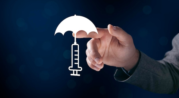 Icon of a syringe with an umbrella Vaccination concept Man tapping on the screen