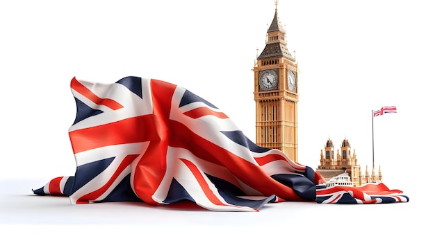 Iconic Big Ben and Union Jack 3D Flat Design Illustration Symbolizing Englands Landmarks and Natio