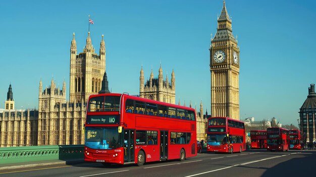 Iconic doubledecker buses passing by Big Ben and the Houses of Parliament in London under a clear blue sky