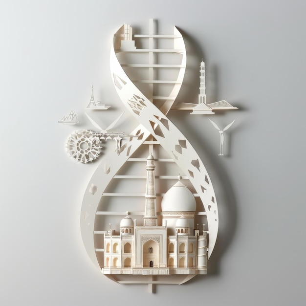 Photo iconic landmarks creatively arranged in dna helix paper cut