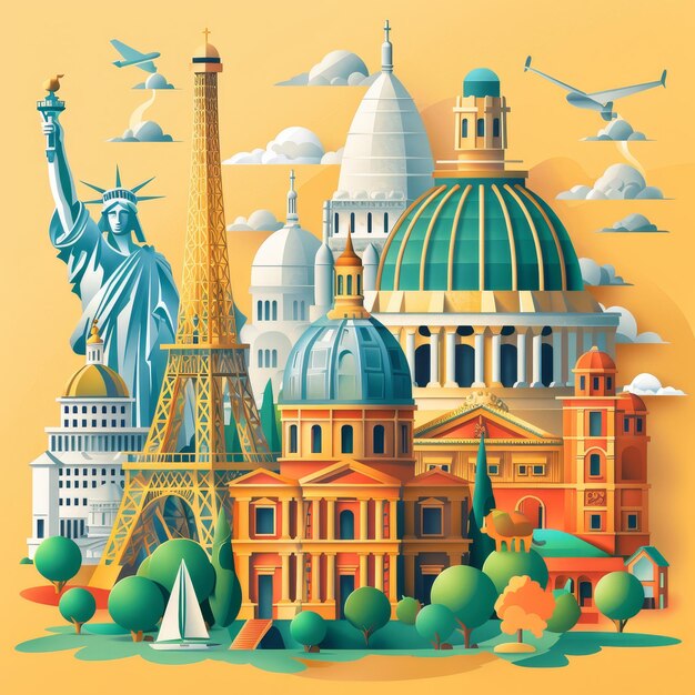 Photo iconic landmarks of the world in vibrant illustration