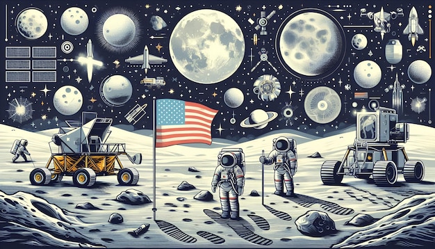 Iconic Lunar Moments Astronauts Rovers and Footprints on the Moon