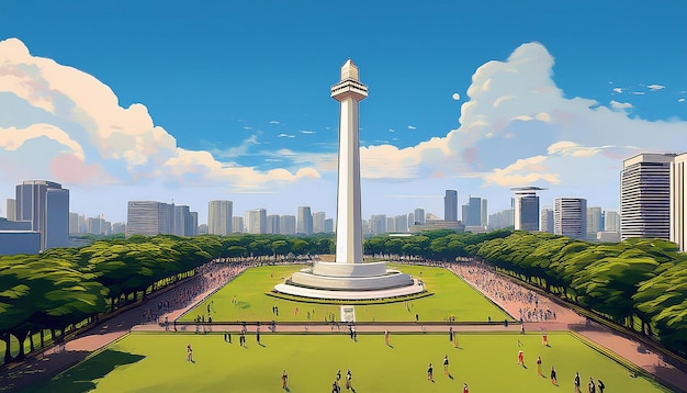 the iconic National Monument Monas in Jakarta surrounded by lush green parks and bustling city