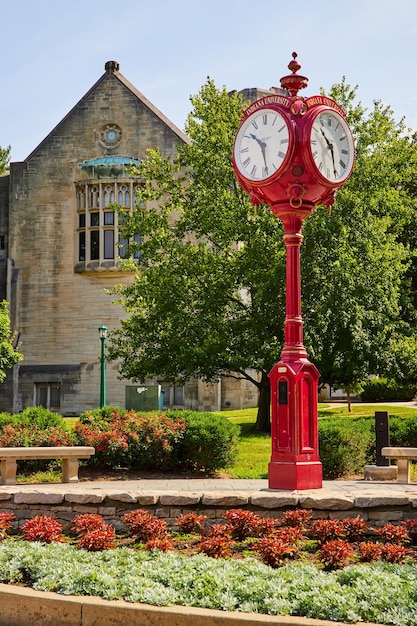 Iconic Red clock in summer at Bloomington Indiana University