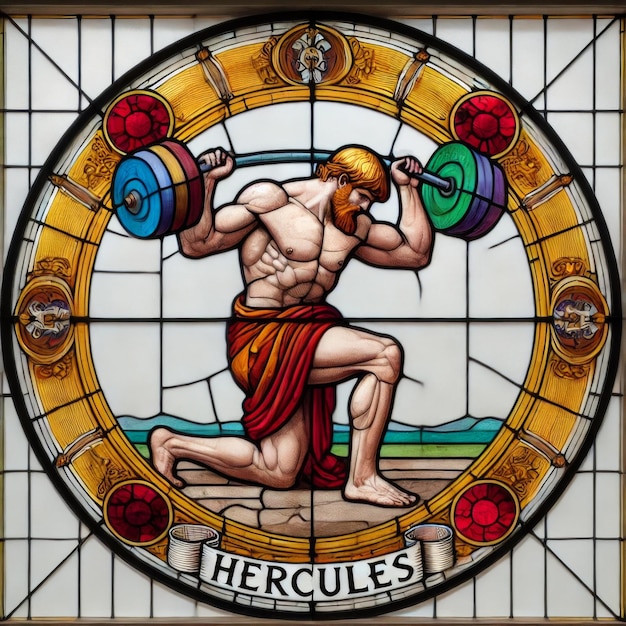 Iconic Stained Glass Artwork of Hercules the Legendary Greek Hero in Powerful Weightlifting Pose