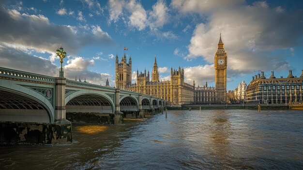 Iconic view of Westminster Bridge and Big Ben showcasing London39s beautiful skyline at sunset with dynamic clouds