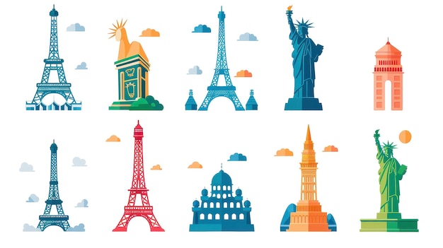 Photo icons representing famous landmarks on transparent background