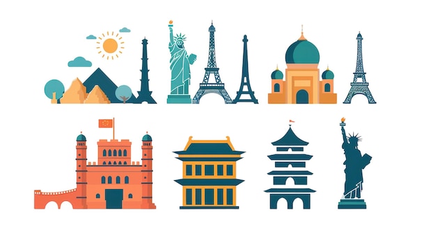 Icons Representing Famous Landmarks on transparent background