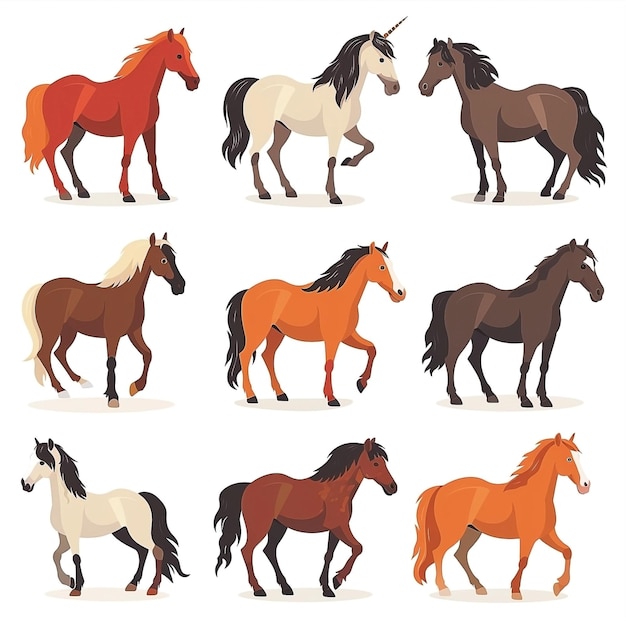 Photo icons set of different horse breeds on white background