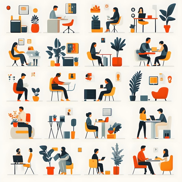 Photo icons showcasing people in diverse settings including office environments outdoor activities and social gatherings features visuals of individuals interacting working and engaging in different