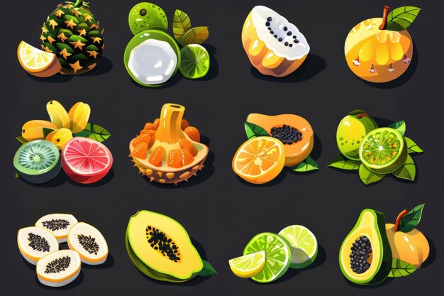 Photo icons of tropical fruits