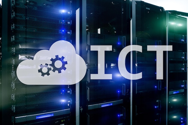 ICT information and communications technology concept on server room background