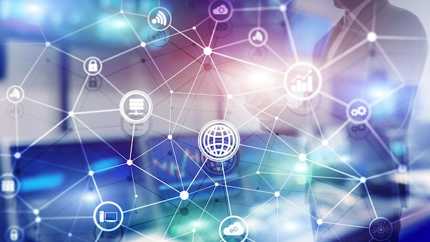 ICT information and telecommunication technology and IOT internet of things concepts Diagrams with icons on server room backgrounds